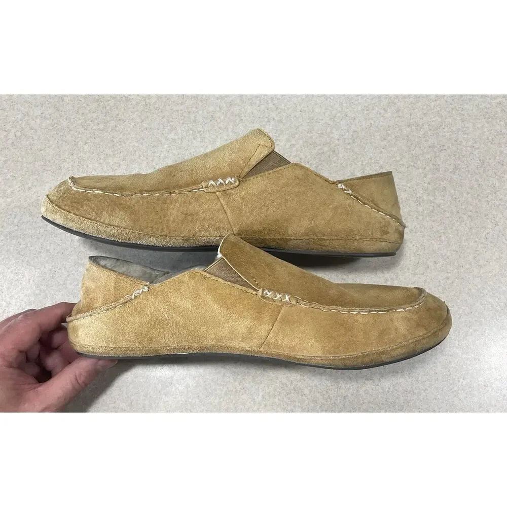 Olukai Moloa Slipper Men's Size 12 Beige Leather, Sheep Fur Lining, Drop In Heel